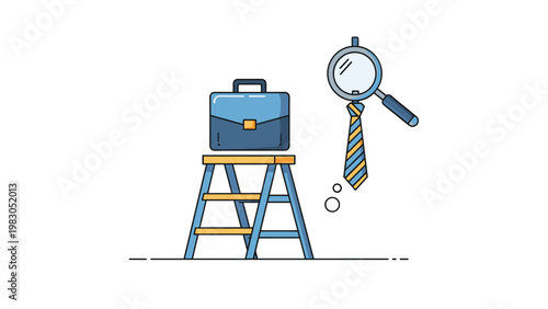 Briefcase resting on top of a step ladder next to a magnifying glass and a tie symbolizing career advancement, job search, and professionalism.