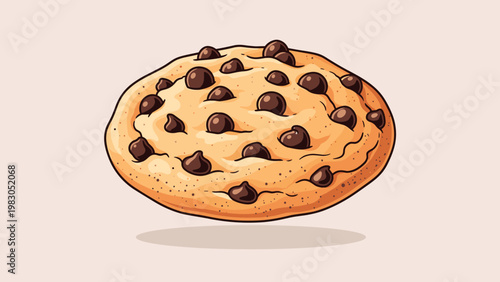 Delicious chocolate chip cookie with many melting chocolate pieces on a light background illustrating sweet snacks and homemade baking products.