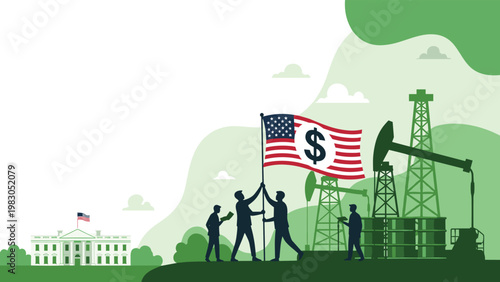 United States flag with a dollar sign over oil rigs and the white house representing american energy policy, economy, and oil industry influence.