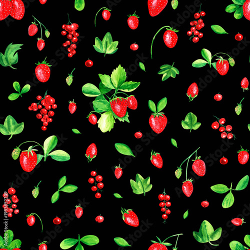 Seamless watercolor pattern with strawberries and red currants on a black background.
