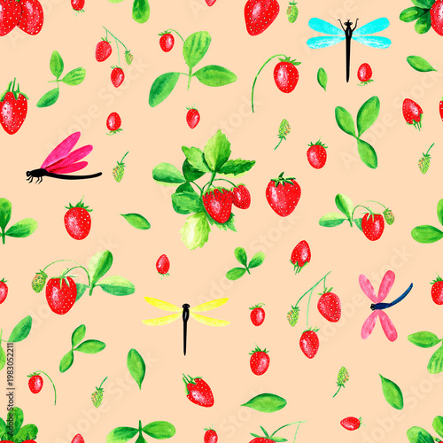 Seamless watercolor pattern with strawberries and dragonflies on a peach background.