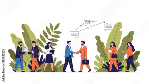 Professionals shaking hands and networking in a lush green garden setting representing sustainable business relationships and communication.