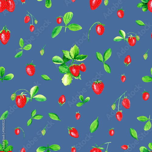 Seamless watercolor pattern with strawberries on a blue background.