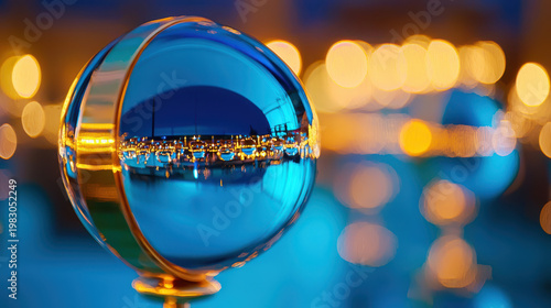 Stunning glass orb reflecting vibrant harbor scene with shimmering lights and boats, creating magical atmosphere