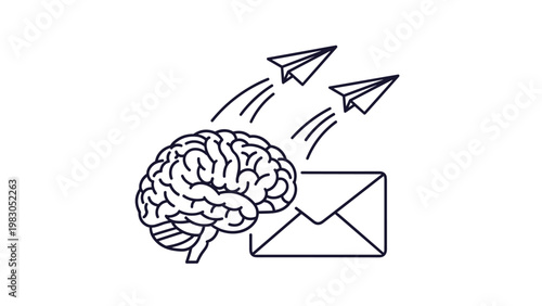 Human brain sending out paper planes and a letter envelope representing the transfer of knowledge, ideas, and effective communication skills.