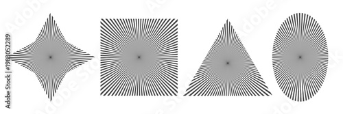 Sun line burst in square, star, oval and triangle shapes. Spark radiance form. Sun radial rays, firework, explosion frames