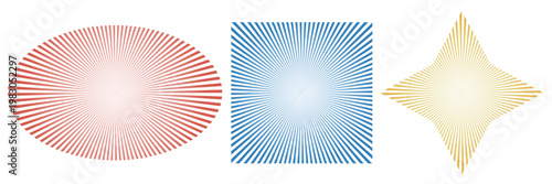 Sun line burst in square, star, oval shapes. Spark radiance form. Sun radial rays, firework, explosion frames