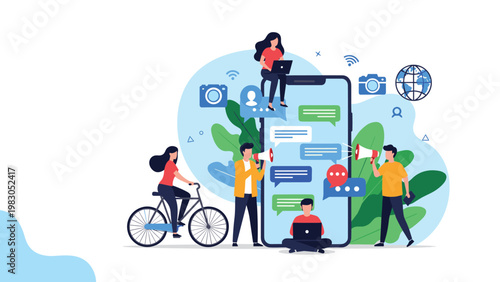 People interacting with a giant smartphone for messaging, video calls, and social media activities representing modern digital communication.