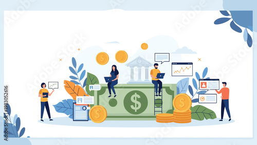 People interacting with giant dollar bills and gold coins near a bank building representing personal finance, banking, and wealth management.