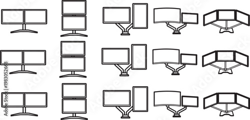 A collection of modern monitors arranged in a variety of configurations, set against a pristine backdrop. This image showcases the flexibility and versatility of computer display systems.