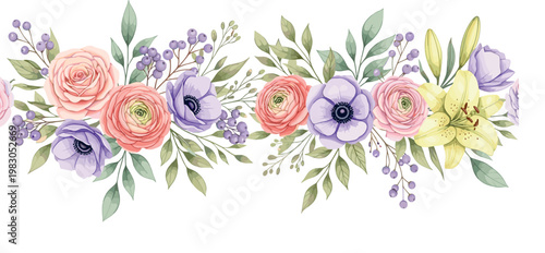 Elegant Floral Border Vector Illustration with Pink Roses, Purple Anemones, Yellow Lilies, and Berries for Wedding Invitations, Spring Banners, and Romantic Header Designs