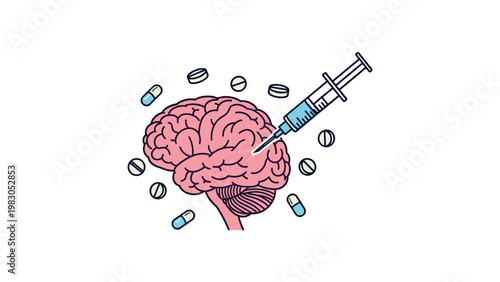 Human brain being injected with medicine from a syringe surrounded by pills illustrating medical treatment for neurological and mental health.