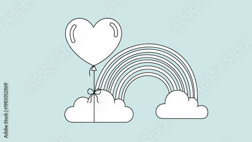 Heart shaped balloon outline floating next to a rainbow and clouds in simple line art for children coloring book or minimalist card design.