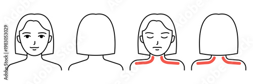 Woman with muscle neck pain and shoulder pain, suffering from discomfort. Medical problem, injury, or symptom concept for healthcare. Vector illustration