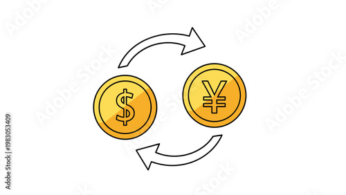 Financial concept showing two golden coins with dollar and yen symbols being exchanged with curved arrows in flat style.