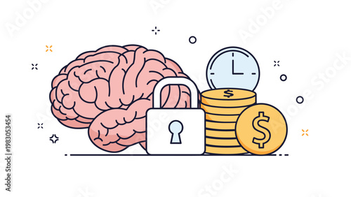 Brain protection and intellectual property concept with a padlock, stack of coins, and a clock for time management.