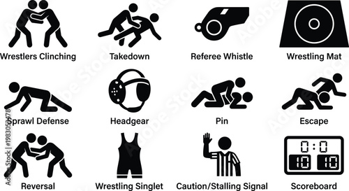 Wrestling icons on white background including grappling moves and referee signals