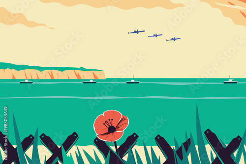 D-Day Anniversary Normandy Beach Memorial Paper-Cut Vector