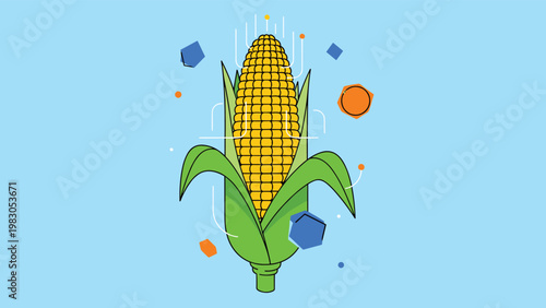 Concept of agricultural technology and bioengineering showing a corn cob with digital circuit lines and geometric shapes.