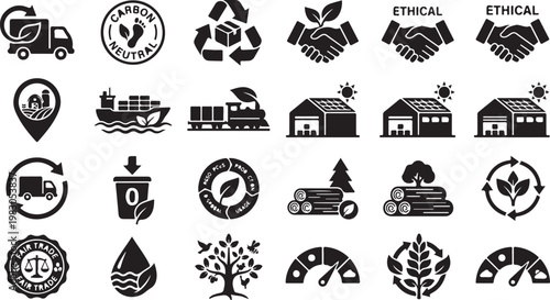 Collection of black and white representing ecofriendly green living sustainable energy recycling zero waste ethical trade and home concepts