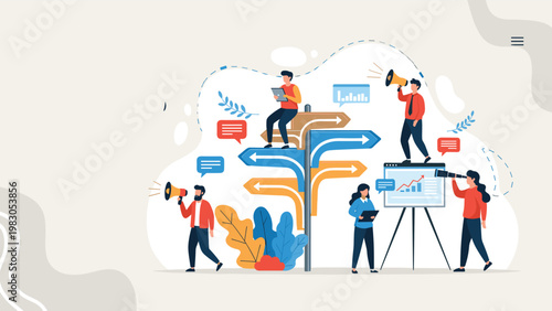 Professionals choosing a direction at a crossroads with many arrows and business analytics tools in flat illustration.