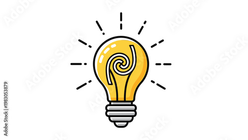 Bright yellow light bulb icon with a unique spiral filament representing creative energy and complex ideas in flat style.