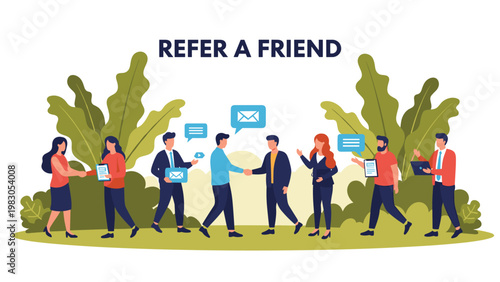 Flat vector illustration for referral programs showing diverse people shaking hands and communicating under text reading refer a friend for marketing.