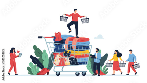 Busy retail shopping scene with people filling a giant cart with clothing and carrying baskets, illustrating consumerism, sales, and fashion trends.