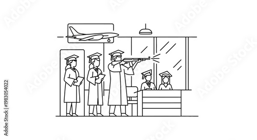 Graduates aiming rifle at airport counter, symbolizing education leading to unexpected career paths
