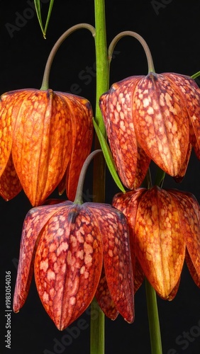 Close-up of mottled, bell-shaped orange and red flowers on stems