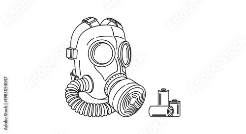 Gas Mask and Batteries Line Art Illustration