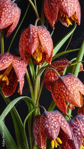 Close-up of speckled, bell-shaped flowers with bright yellow stamens