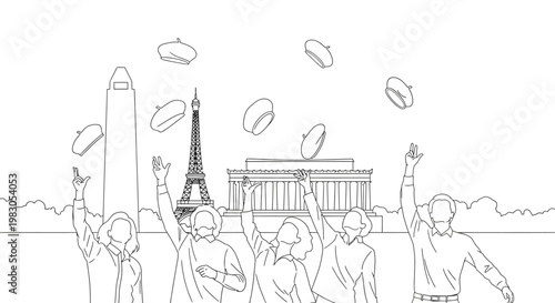 Graduation Celebration: Diverse Students Toss Caps in Front of Iconic Landmarks