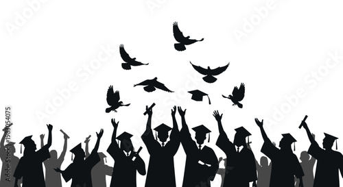 Graduation Celebration: Silhouettes of Graduates Throwing Caps and Releasing Doves, Symbolizing Freedom and Achievement