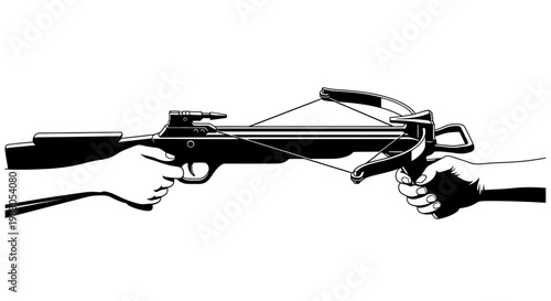 Hands holding a crossbow, ready to shoot, hunting weapon, archery sport, outdoor activity