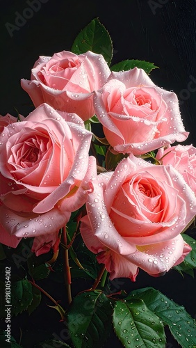 Soft pink roses with water droplets against a dark background