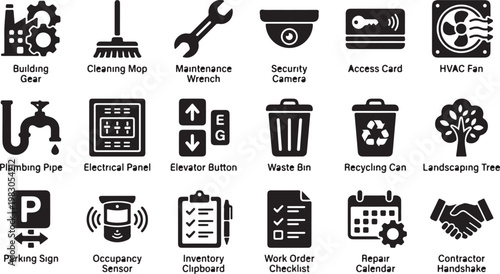 Of building maintenance equipment tools and facility management symbols building gear cleaning map maintenance wrench