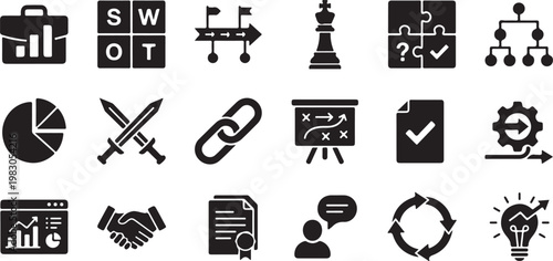 Minimalist set for software development and productivity tools featuring coding symbols and office supplies