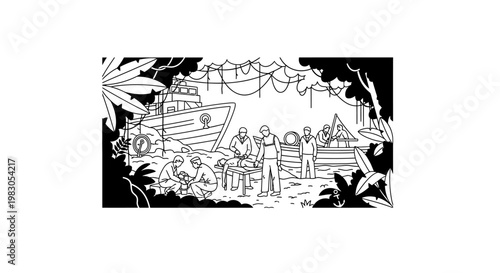 Jungle Expedition Team Unloading Supplies from Boat