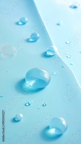 Transparent water droplets on light blue, textured paper surface