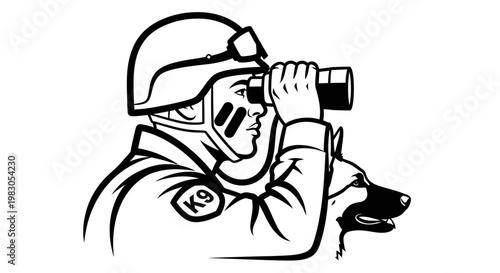 K9 Officer with Binoculars and German Shepherd Dog, Military or Police Search and Rescue