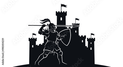 Knight in Armor with Spear and Shield Attacking in Front of Castle Silhouette