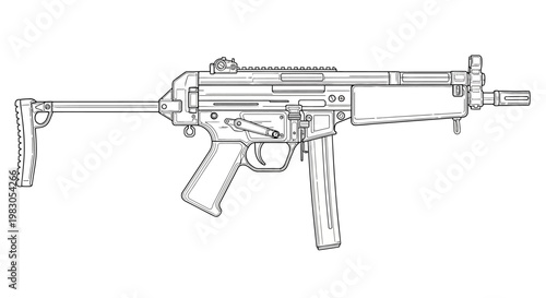 Line Art Drawing of a Compact Submachine Gun with Collapsible Stock