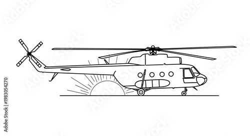 Line Art Illustration of a Large Transport Helicopter on a Runway with Sunrise Background