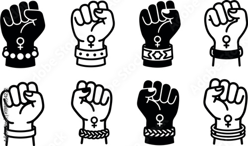 Black and white feminist raised fist icons with bracelets and female gender symbol