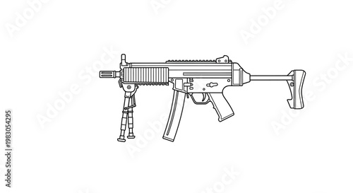 Line Art Illustration of a Submachine Gun with Bipod and Collapsible Stock
