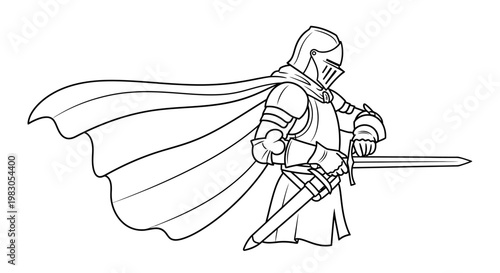 Medieval Knight in Armor with Sword and Cape, Line Art Illustration