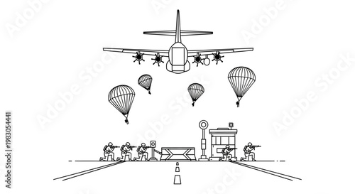 Military Airlift Operation: Paratroopers Jump from Plane onto Landing Zone with Soldiers