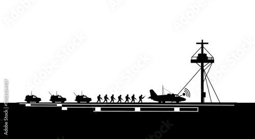 Military Aircraft Carrier Deck with Jet, Vehicles, and Personnel Silhouette