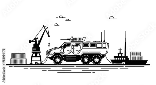 Military armored vehicle being loaded onto cargo ship at port with crane and containers